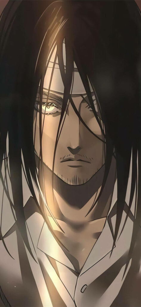 Eren Yeager long dark hair bandaged forehead intense gaze golden light anime wallpaper background