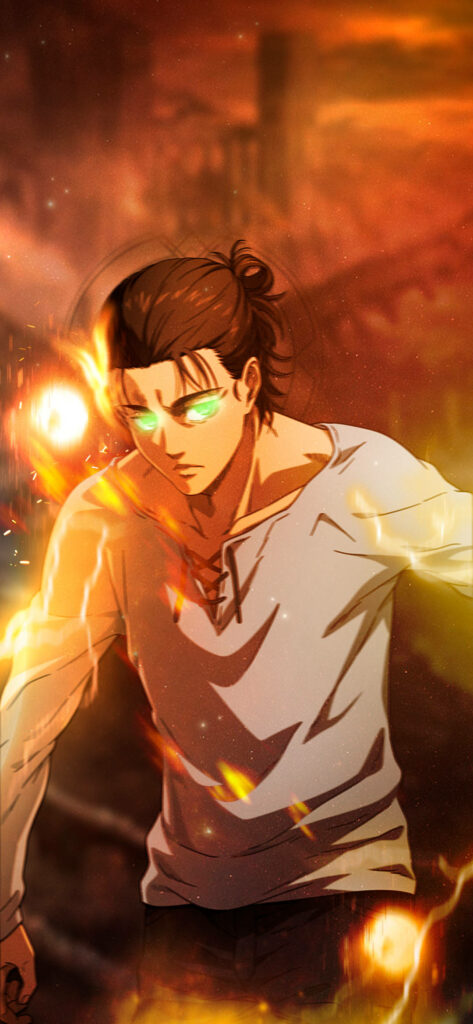 Eren Yeager with hair tied back surrounded by glowing embers in intense anime scene wallpaper