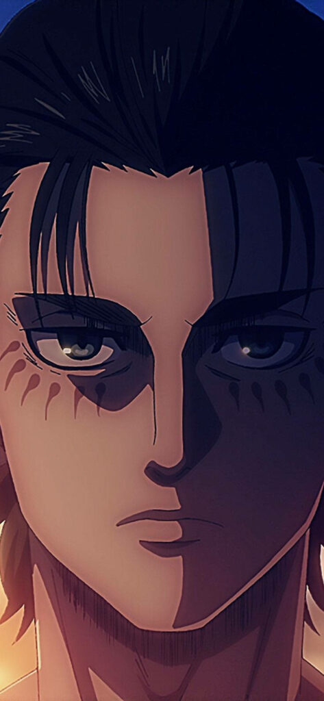 Eren Yeager intense anime wallpaper with sharp eyes warm shading Attack on Titan background