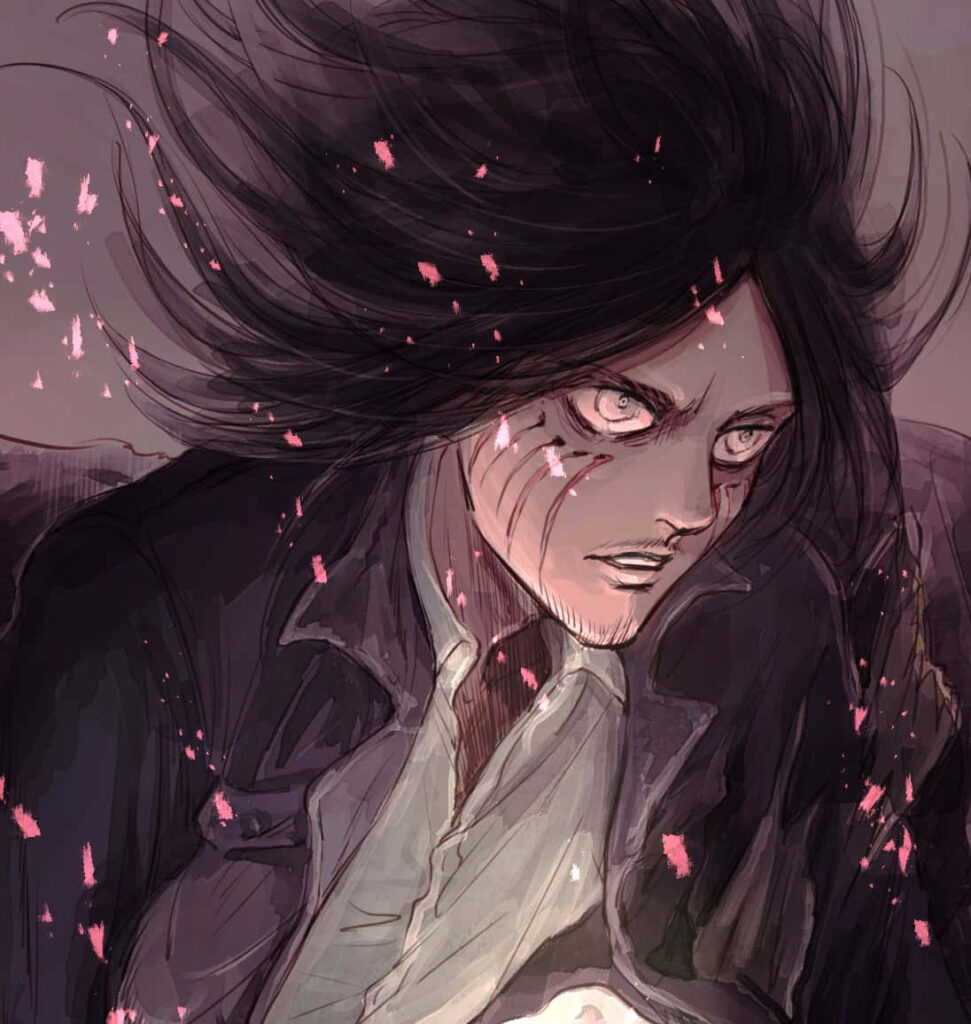 Eren Yeager intense face markings wild hair pink ember background dynamic anime wallpaper