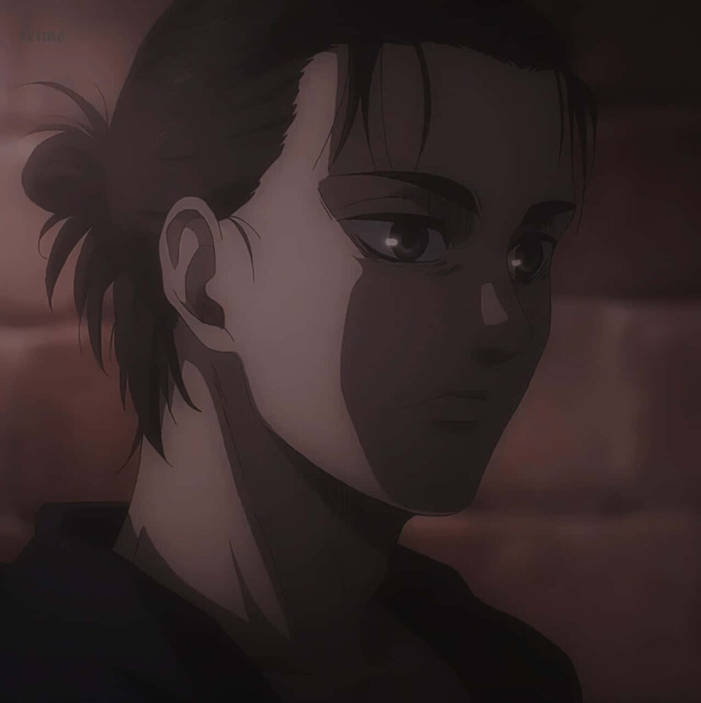 Eren Yeager serious expression wallpaper muted brick wall moody anime profile picture background
