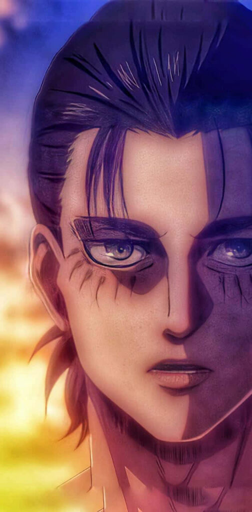 Eren Yeager anime wallpaper intense gaze sunset sky dramatic shadows warm golden hues background
