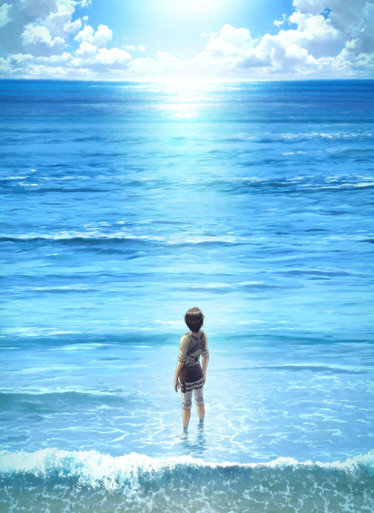 Eren Yeager anime wallpaper standing at shoreline gazing ocean bright sky vibrant colors reflection