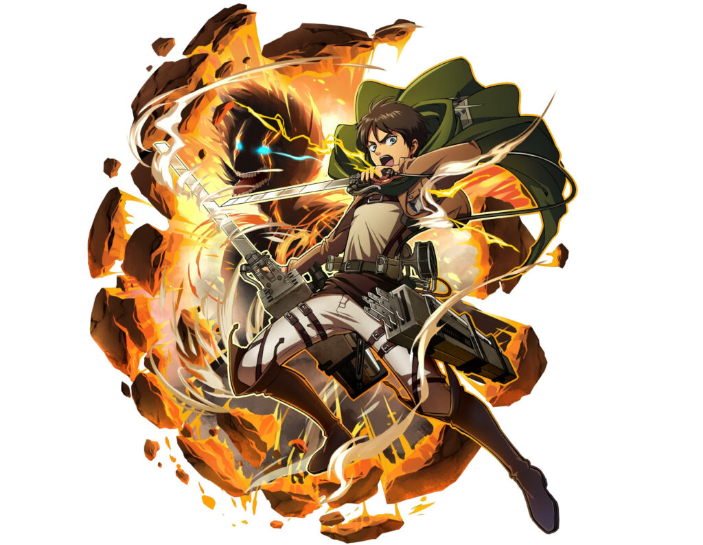 Eren Yeager in Survey Corps uniform unleashing explosive power with glowing anime effects wallpaper
