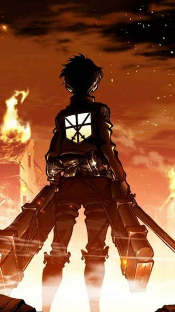 Eren Yeager in Survey Corps uniform with dual blades overlooking city burning in fiery orange sky Wallpaper