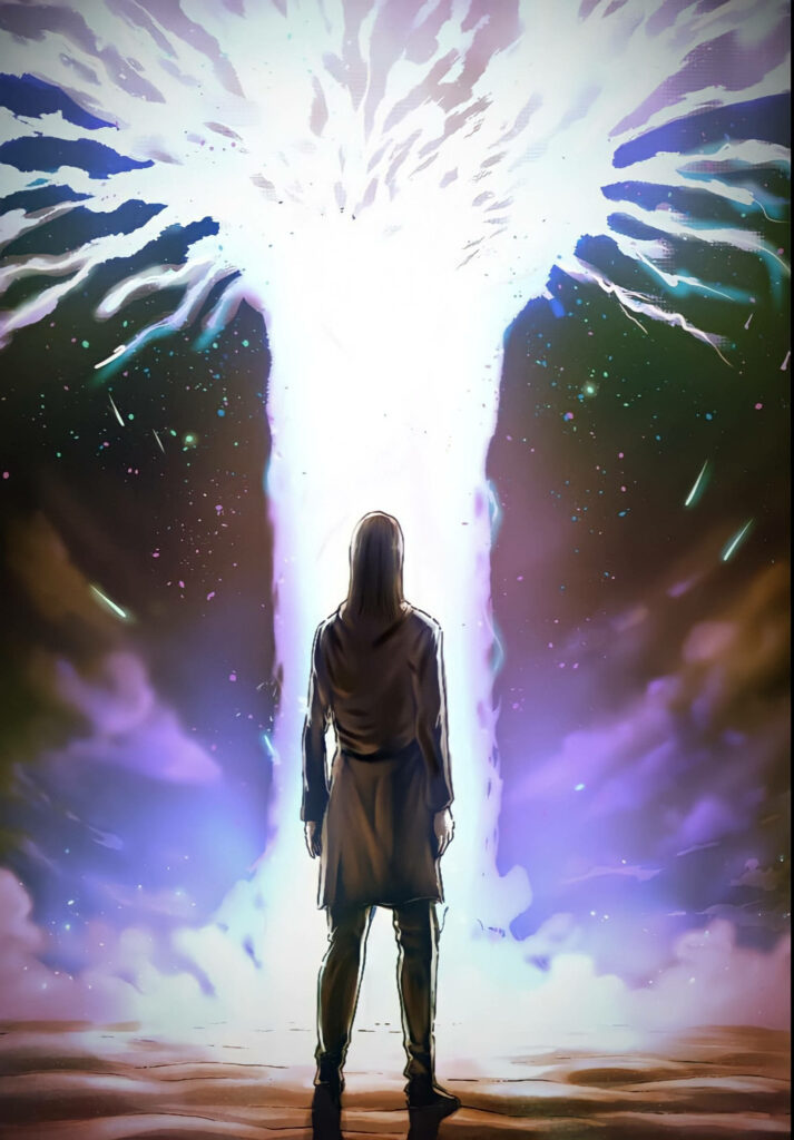 Eren Yeager at The Path glowing with white and purple light in a cosmic anime wallpaper background