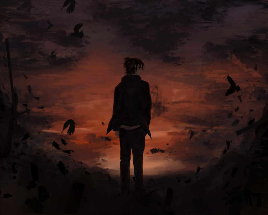 Eren Yeager in apocalyptic sky with fiery orange hues and swirling debris dark wallpaper background