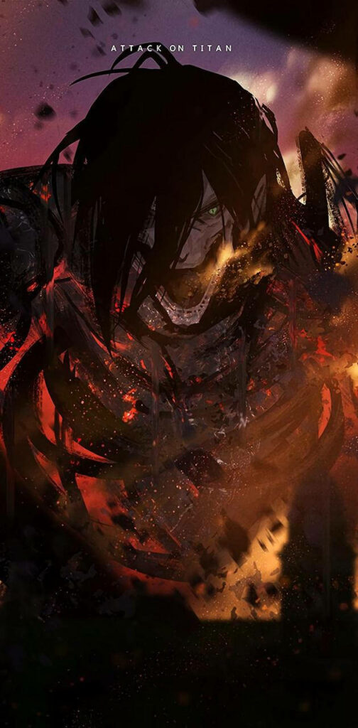 Eren Yeager Titan form in fiery Attack on Titan wallpaper with swirling debris and destruction