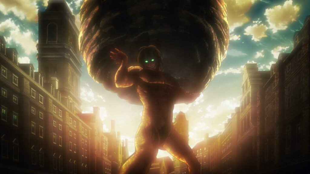 Eren Yeager Titan form lifting boulder at sunset heroic scene Attack on Titan wallpaper