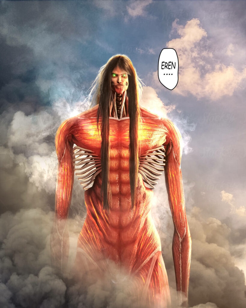 Eren Yeager Titan form with glowing green eyes and detailed muscles in dramatic clouds wallpaper