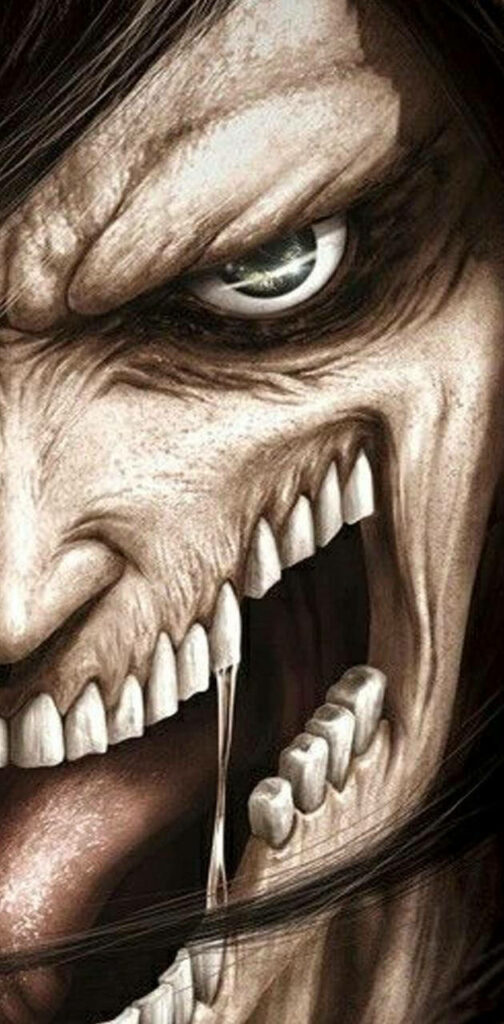 Hyper-realistic close-up of Eren Yeager Titan form with sharp teeth intense eyes detailed textures Wallpaper