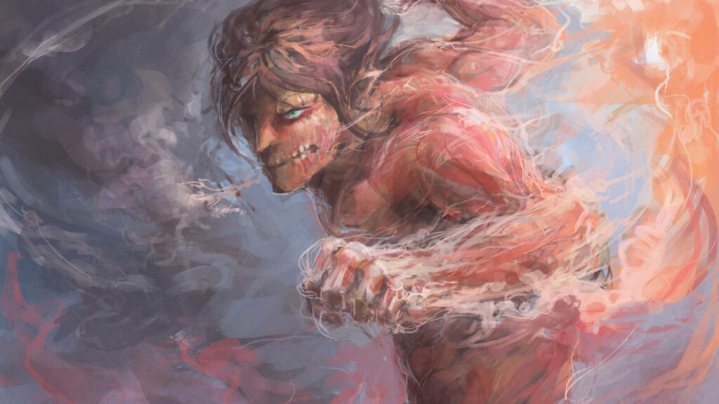 Eren Yeager Titan mid-punch vibrant red fiery orange dramatic painterly wallpaper background