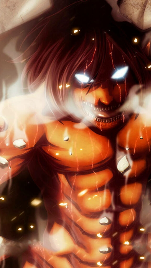 Eren Yeager Titan form wallpaper with glowing eyes cracked skin steam and fiery crumbling background
