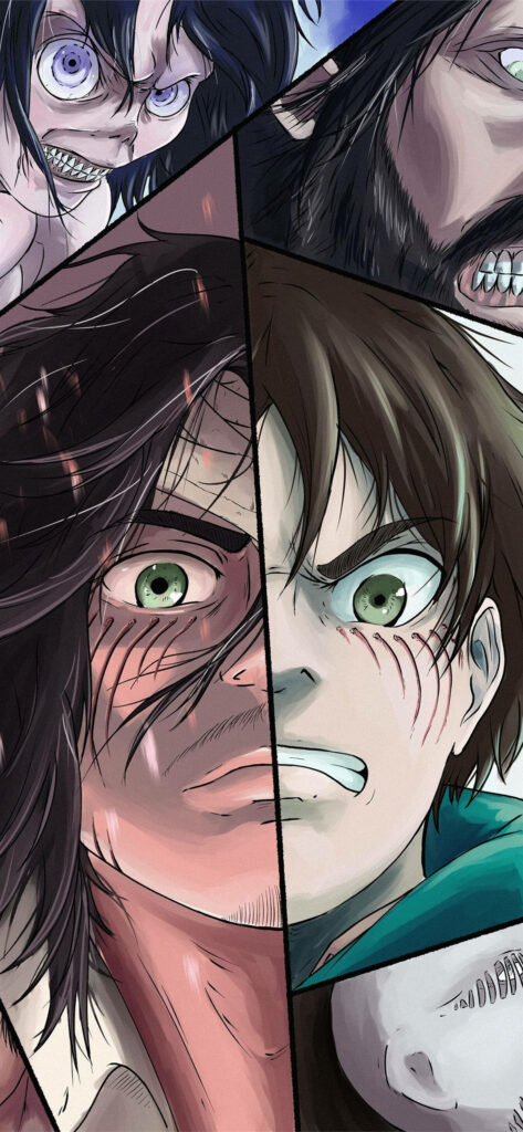 Eren Yeager collage wallpaper showing intense emotions and transformation in Attack on Titan anime