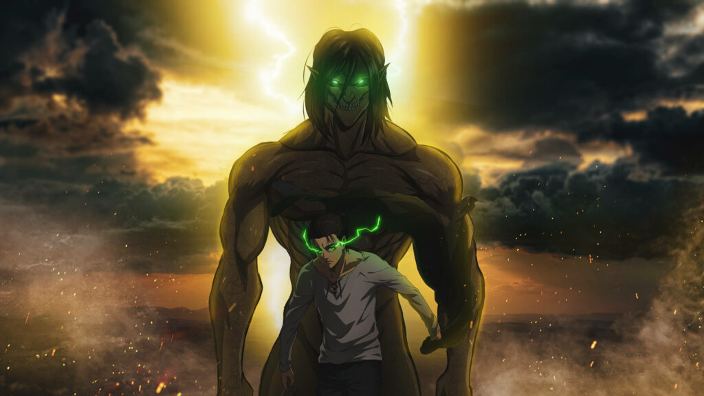 Eren Yeager standing before glowing Titan form with green eyes and lightning at sunset wallpaper
