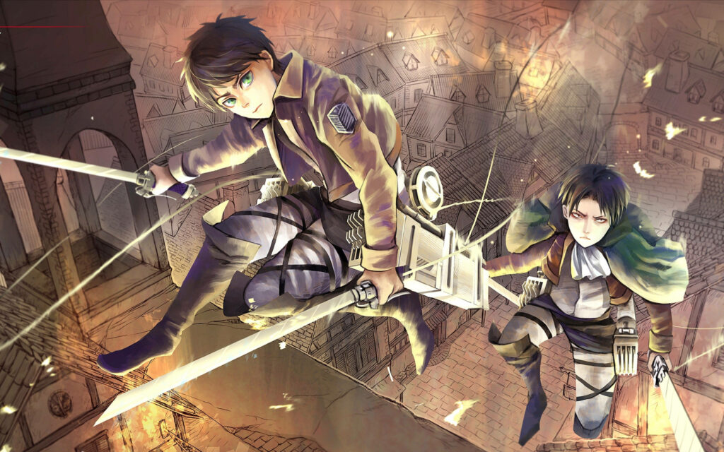 Eren Yeager and Levi leaping rooftop attack on titan anime intense action scene wallpaper