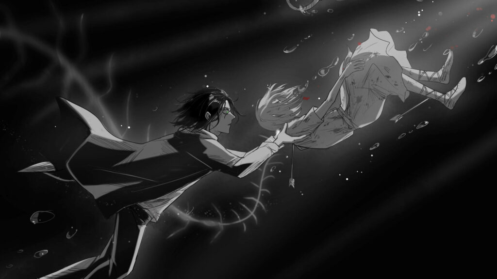 Eren Yeager underwater reaching to save Ymir emotional grayscale scene with light beams bubbles Wallpaper