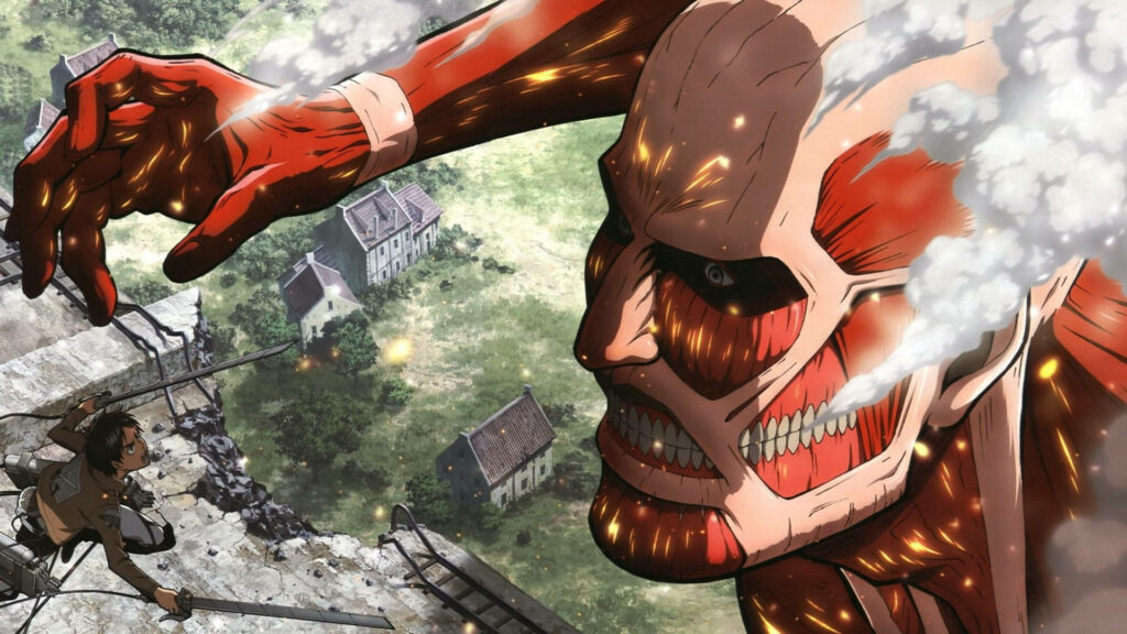 Eren Yeager confronts Colossal Titan in intense anime battle with vivid colors and city ruins background Wallpaper
