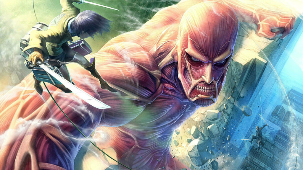 Eren Yeager battles skinless Titan Bertolt in vibrant anime action scene Attack on Titan wallpaper
