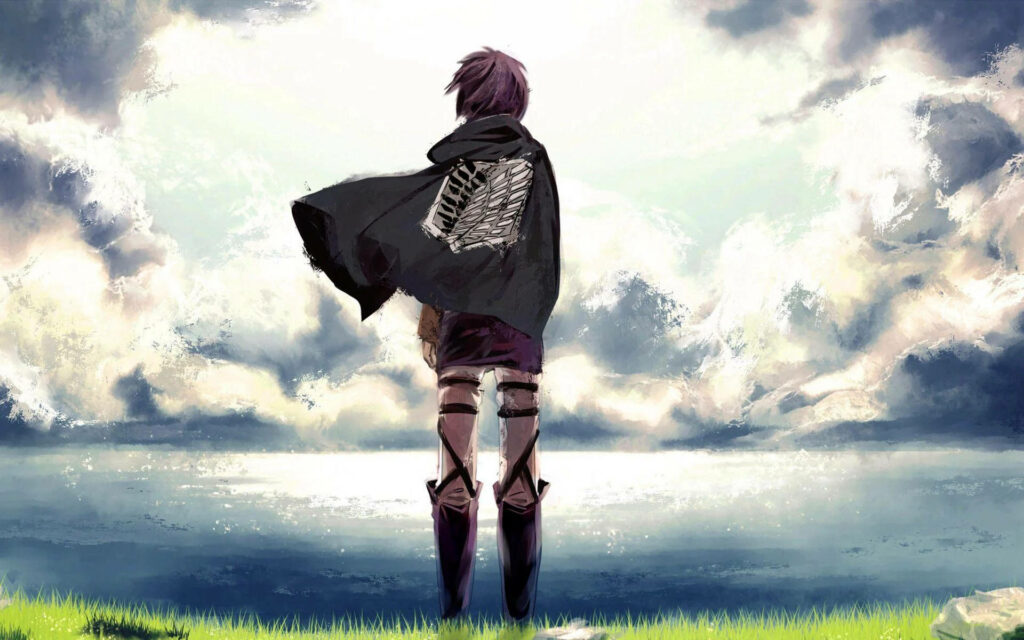 Eren's Solitary Stance: A Serene Anime Wallpaper by a Lake