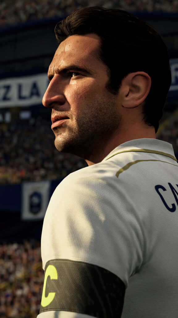 Eric Cantona FIFA Icon hyper-realistic wallpaper with vibrant stadium and dynamic football action