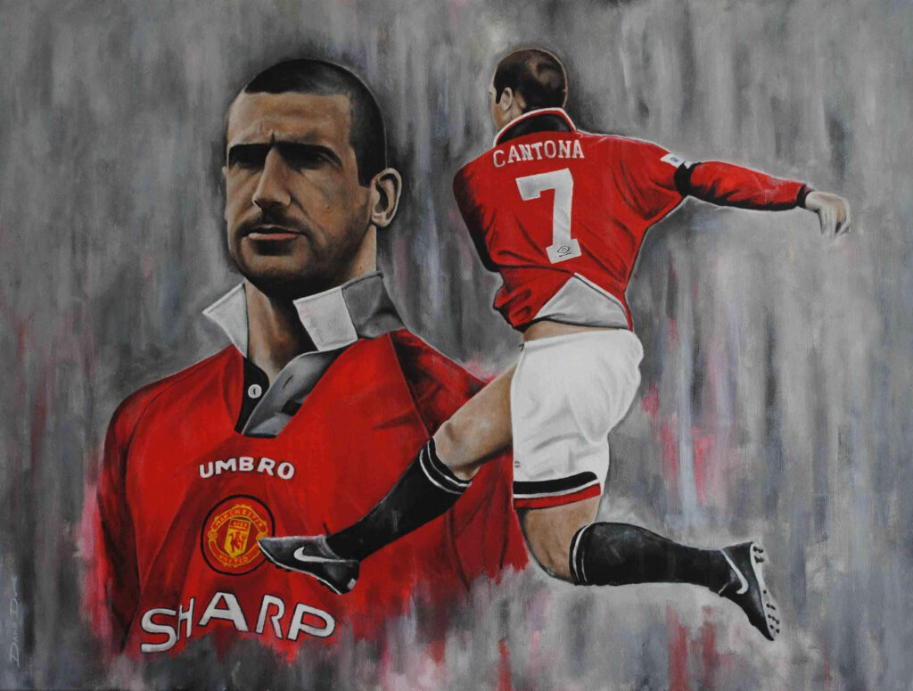 Hand-drawn portrait of Eric Cantona in Manchester United kit mid-kick on textured gray background Wallpaper