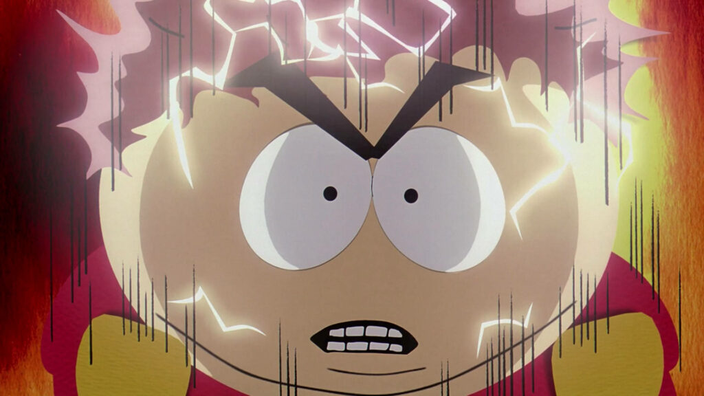 Eric Cartman from South Park electrocuted with intense expression and animated lightning streaks wallpaper