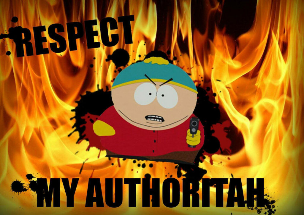 Eric Cartman holding baton with stern look flames background Respect My Authoritah wallpaper
