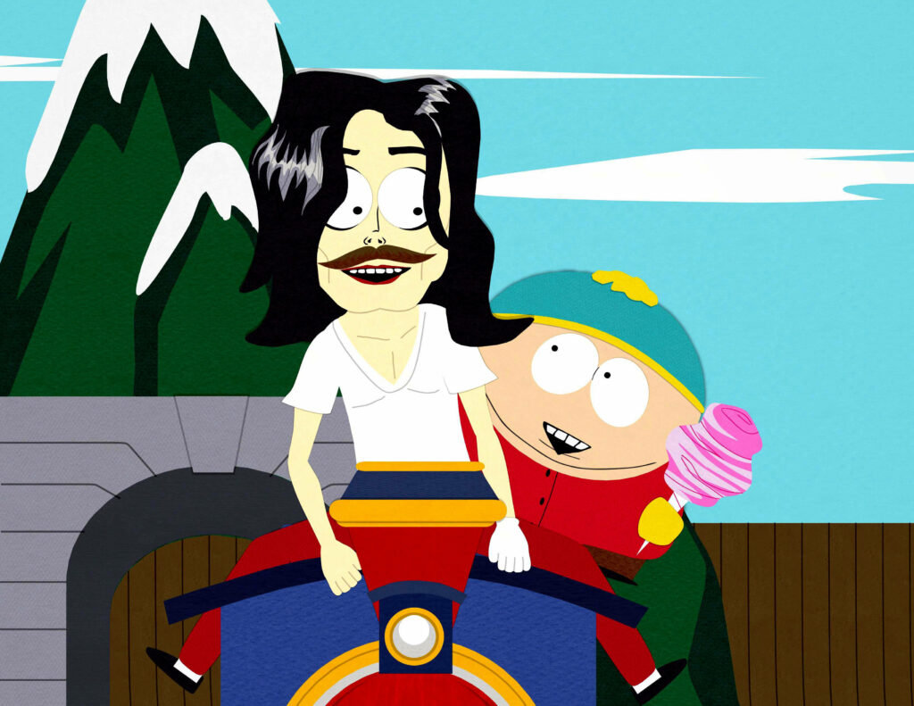 Eric Cartman and Michael Jackson on colorful amusement park ride with bright mountain backdrop Wallpaper