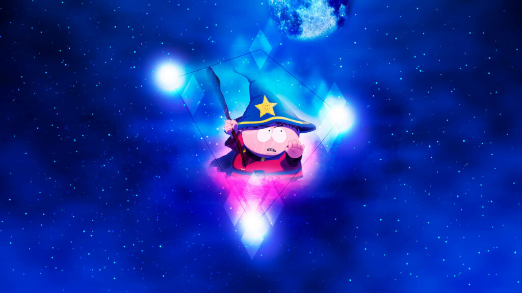 Eric Cartman as intergalactic sorcerer floating in cosmic blue space with glowing stars Wallpaper