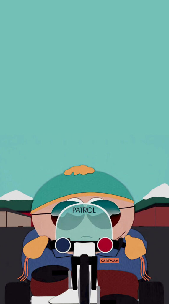 Eric Cartman in patrol officer costume riding bike with mountains and clear sky background wallpaper