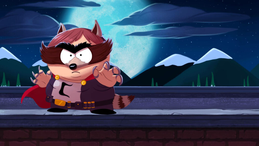 Eric Cartman as The Coon superhero on rooftop with full moon and mountains South Park wallpaper