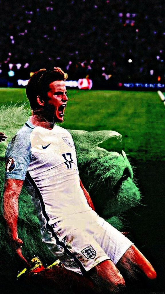 Eric Dier sliding in football celebration with powerful lion background in vibrant green tones Wallpaper