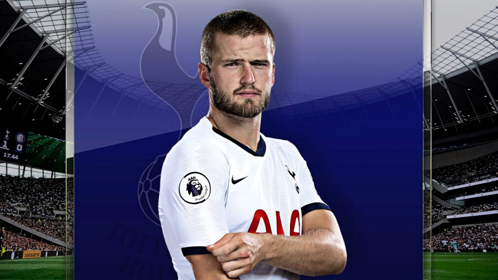 Eric Dier Tottenham Hotspur poster wallpaper with bold gradient and club crest Premier League star