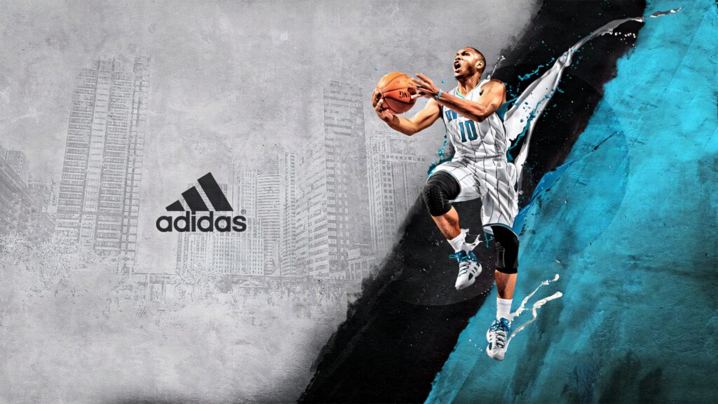 Eric Gordon Adidas digital wallpaper mid-air basketball pose urban cityscape vibrant blue textures
