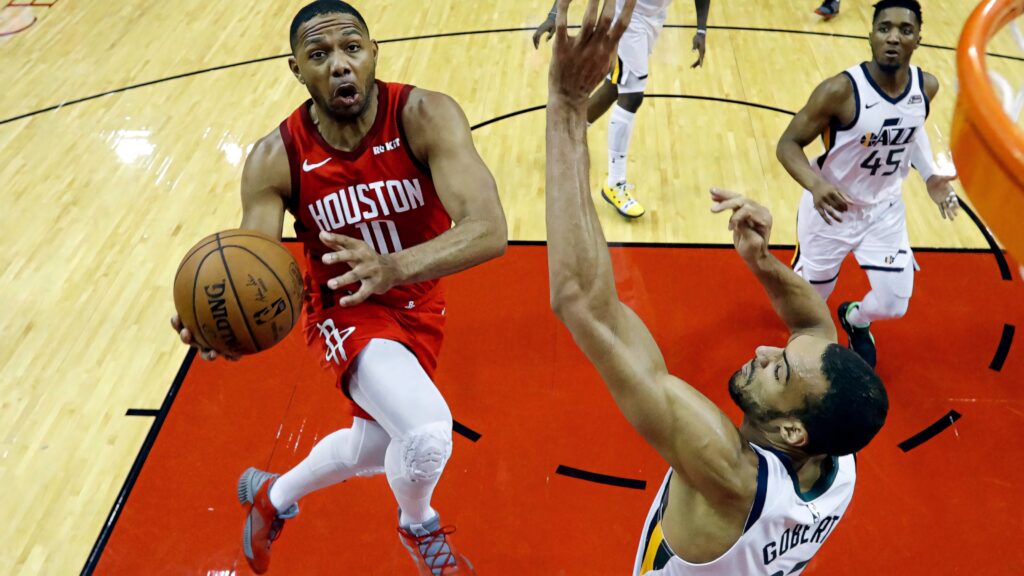 Eric Gordon Houston Rockets layup defended by Rudy Gobert Utah Jazz intense NBA game action Wallpaper