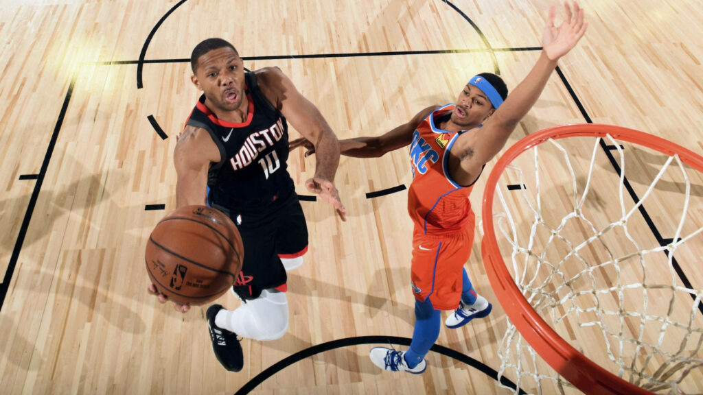 Eric Gordon layup action top view Houston Rockets vs Oklahoma City Thunder basketball wallpaper