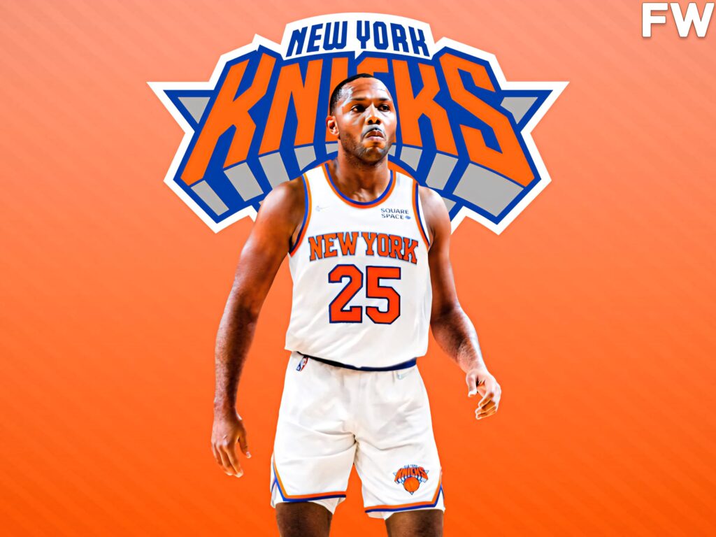 Eric Gordon in New York Knicks uniform with vibrant orange background and team logo wallpaper