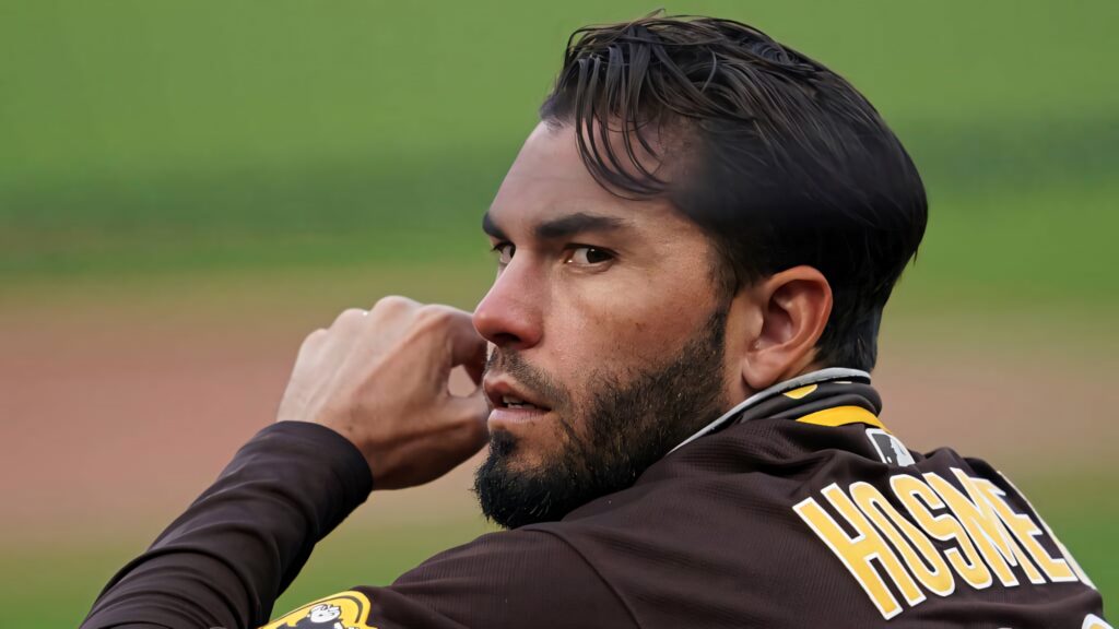 Eric Hosmer focused gaze natural lighting soft green background team jersey wallpaper image