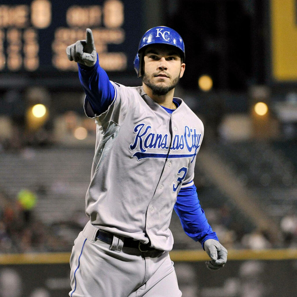 Eric Hosmer in Kansas City Royals uniform points forward showing focus and team spirit on field Wallpaper