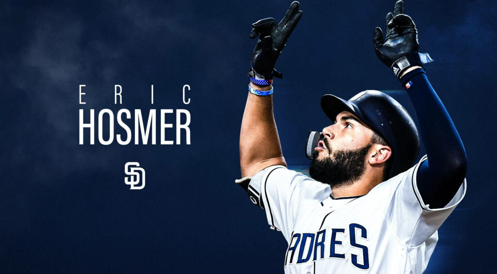 Eric Hosmer Padres wallpaper celebrating with arms raised on blue background sharp modern design