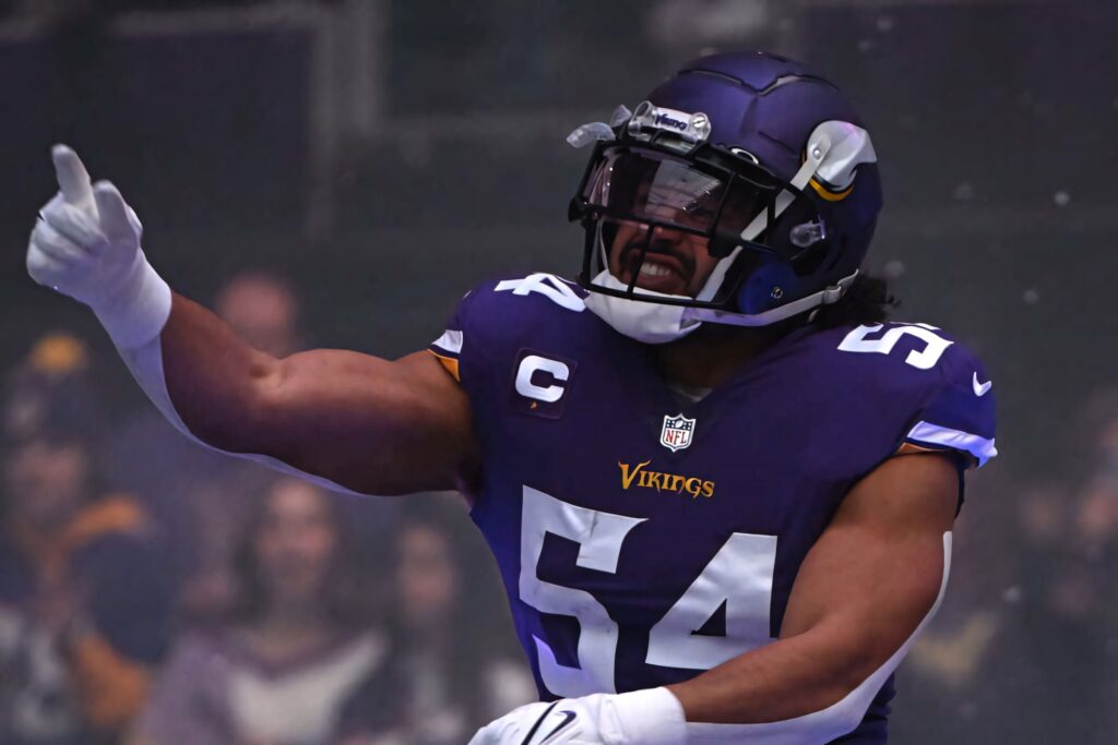NFL star Eric Kendricks in Minnesota Vikings uniform showing intensity and leadership on field Wallpaper