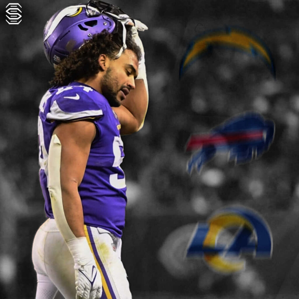 Eric Kendricks in Minnesota Vikings uniform with Chargers Bills Rams logos dramatic football wallpaper