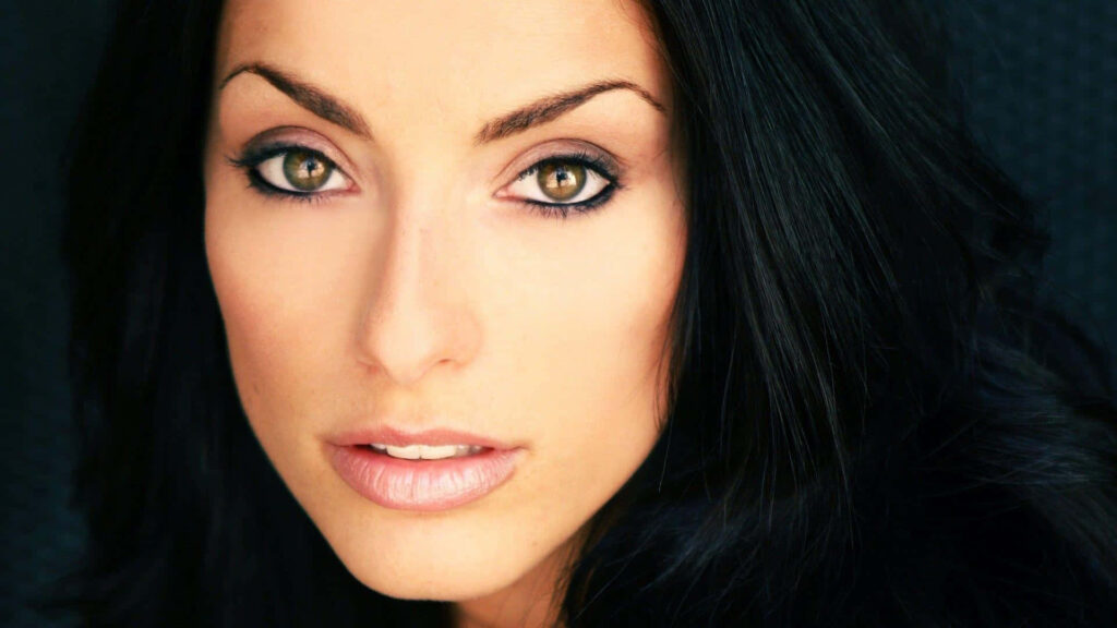 Erica Cerra close-up portrait with green eyes dark hair soft makeup high-resolution wallpaper background