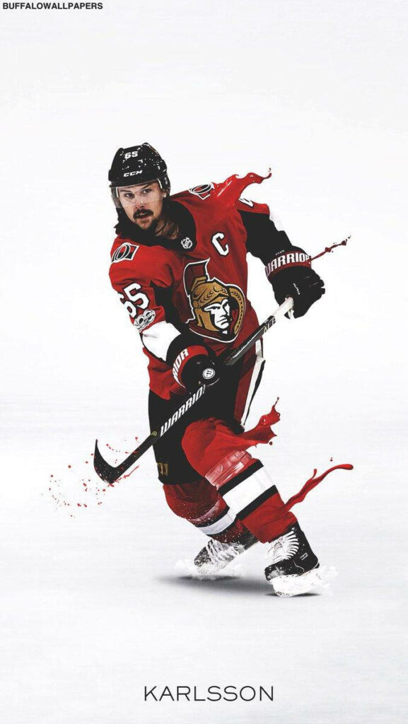 Erik Karlsson Ottawa Senators fanart poster dynamic motion red black paint splashes white background Wallpaper