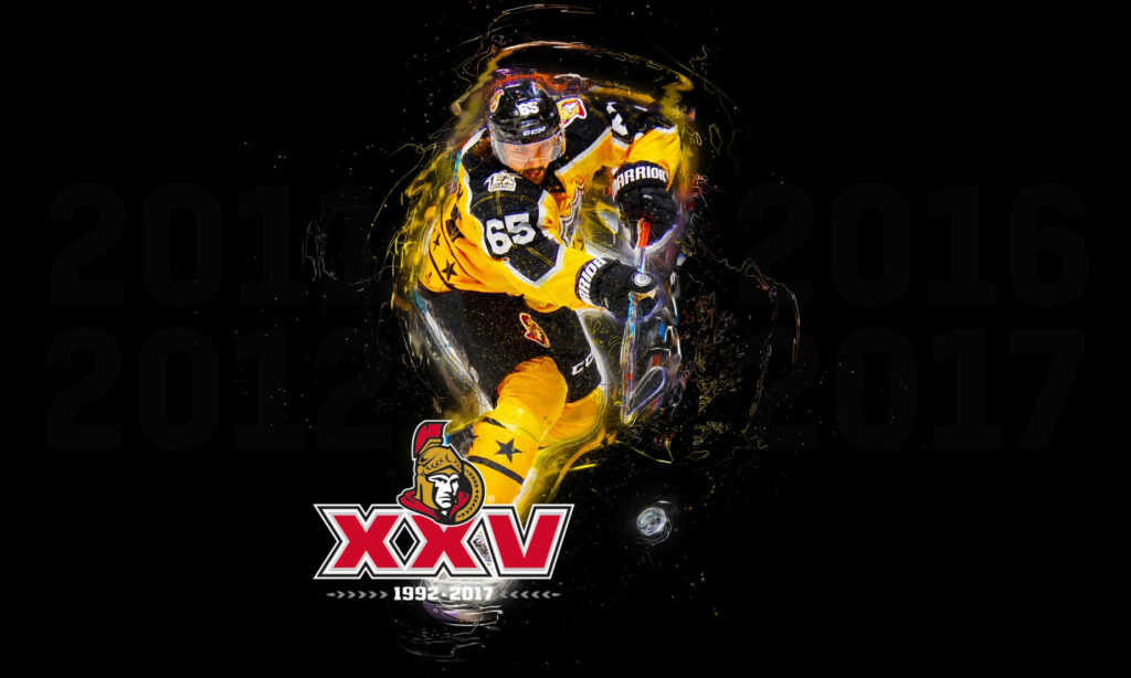 Erik Karlsson Ottawa Senators fanart in dynamic action wearing number 65 jersey with bold yellow black tones Wallpaper
