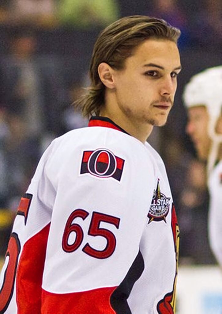 Erik Karlsson Ottawa Senators jersey 65 focused NHL player wallpaper red white black textures