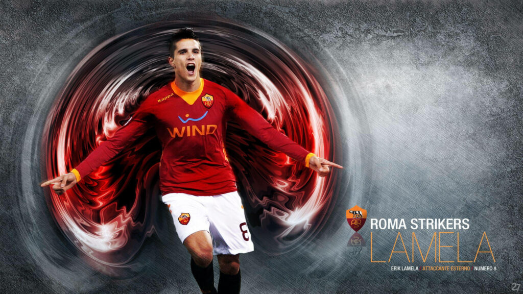 Érik Lamela celebrates in AS Roma jersey with dynamic wing graphics football striker wallpaper