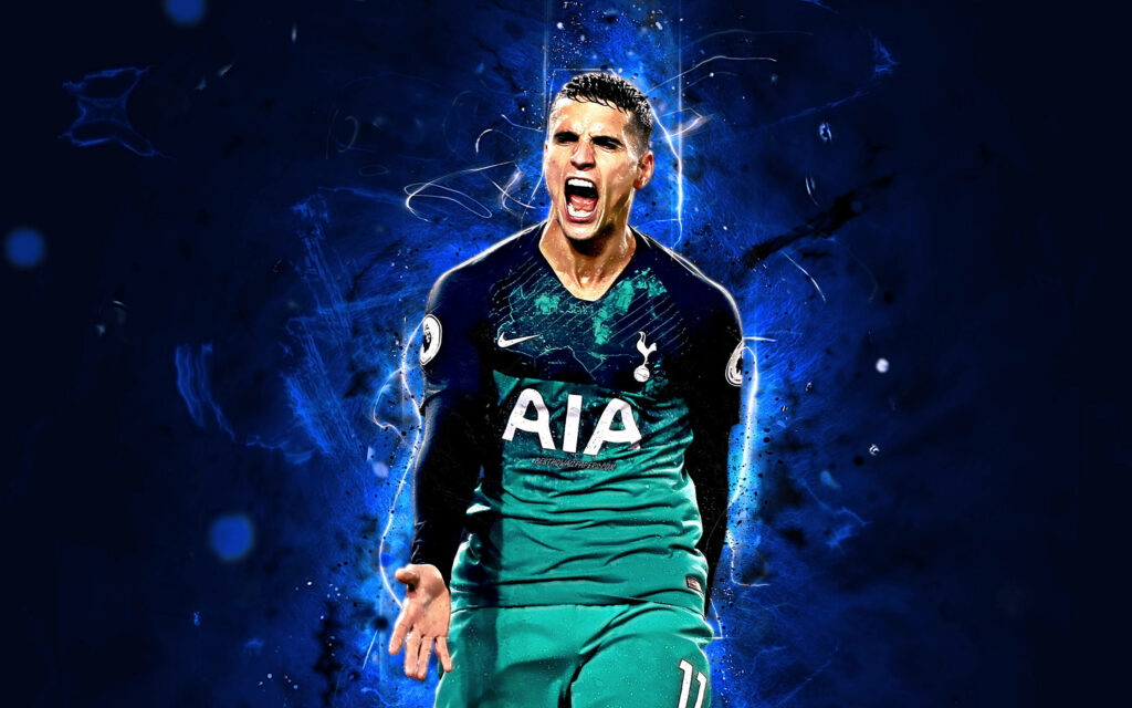 Erik Lamela Tottenham Hotspur wallpaper dynamic pose intense energy blue abstract background