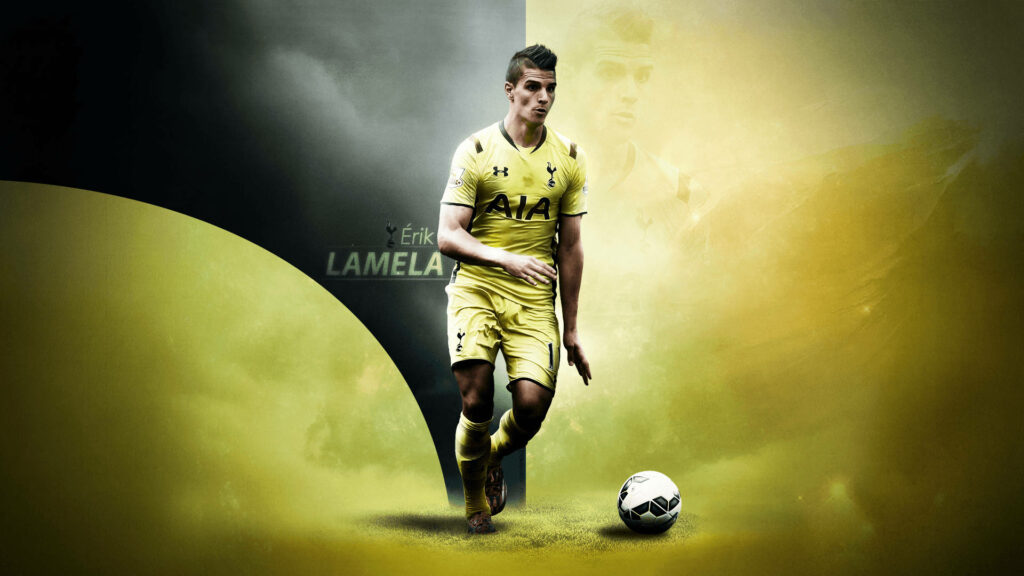 Érik Lamela in yellow Tottenham Hotspur kit controlling ball on vibrant dynamic football wallpaper